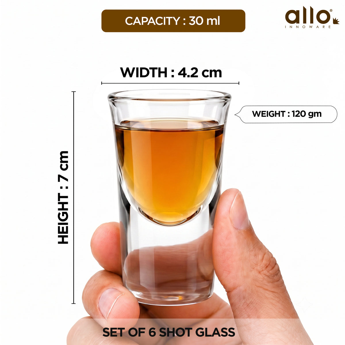 Allo Shot Glasses Set Of 6, 30 ml, Small Glass For Vodka, Tequila, Liquor, Wine, Party, Bar | Gift Set Packaging | Transparent | Elevated Base Shot Glass