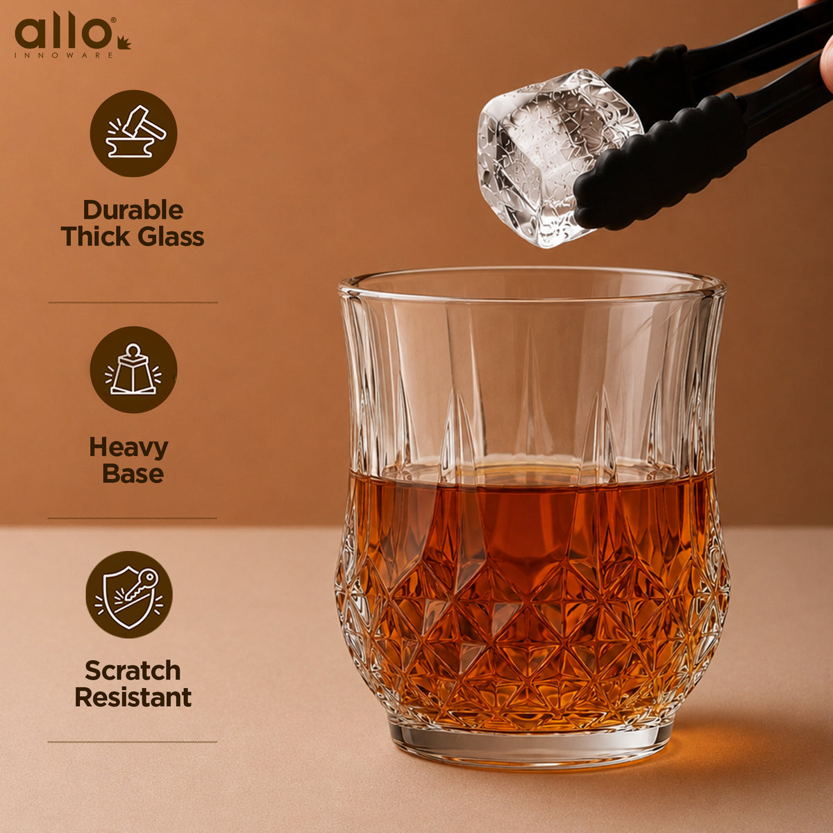 Allo Glass Set Of 6 Premium Whisky Glasses, 270 ml, For Drinking Water, Wine, Cocktail, Mocktail, Martini, Liquor, Alcohol, Scotch, Bourbon | Gift Set Packaging | Transparent Quilted Diamond Cut Glass