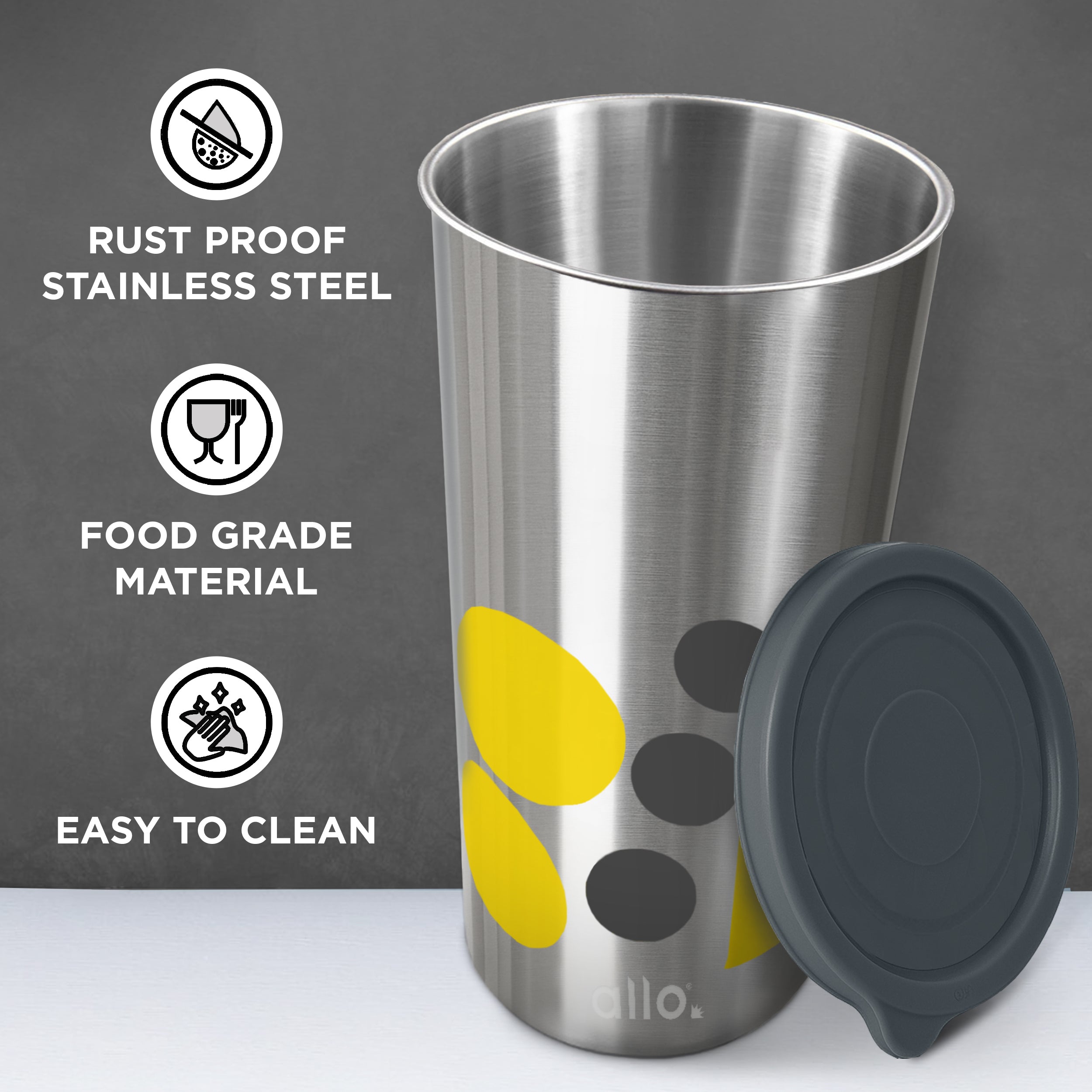 Allo Stainless Steel Tumbler with Lid, Leak Proof Water Tumbler for Home, Office, School, Travel, Kids Rust Proof, Multipurpose Storage Glass for Juice, Tea, Coffee, Milk, GREY (450Ml)