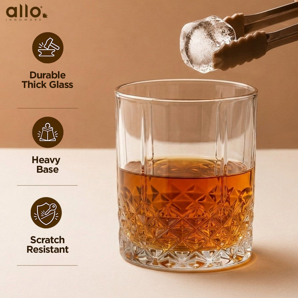 Allo Glass Set Of 6 Premium Whisky Glasses, 330 ml, For Drinking Water, Wine, Cocktail, Mocktail, Martini, Liquor, Alcohol, Scotch, Bourbon | Gift Set Packaging | Transparent Fluted Diamond Base Glass