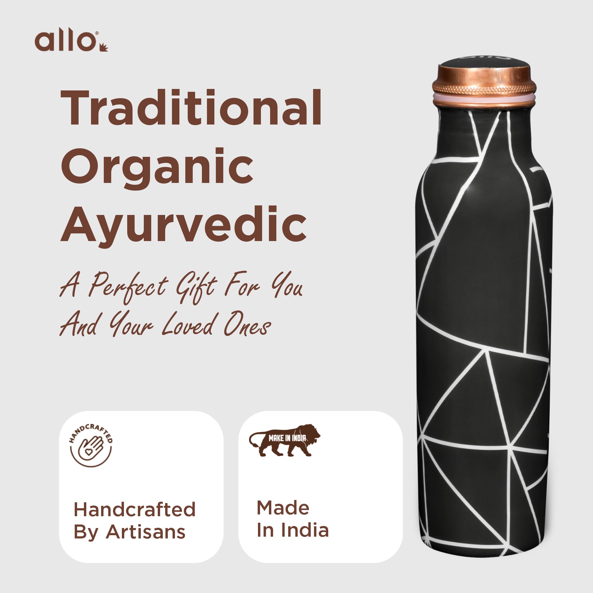 Allo Pure Copper Water Bottle 1 Litre Copper Bottle | Alkaline and Anti Oxidant | 100% Leak Proof, Office, Gym Bottle, Modern Tamba Bottle for Adults, Best Gift for Diwali (Black Abstract Line)