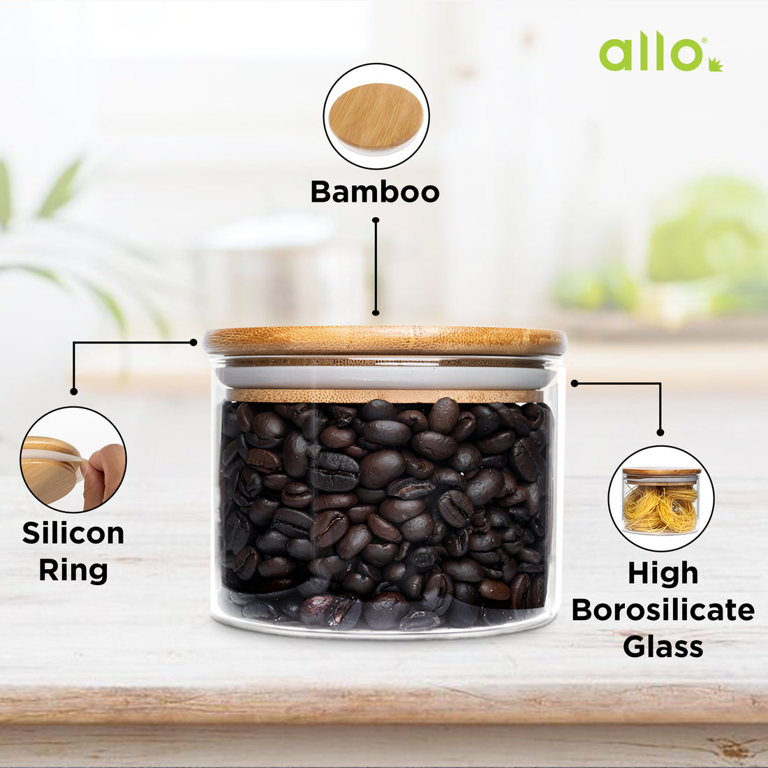 Allo 300ML Kitchen Storage Box Glass Jars With Wooden Lids - Borosilicate Glass Food Storage Containers Airtight Glass Jar for Tea, Coffee, Spice, Pulses, Masala (Round Glass Jar - Set of 1)