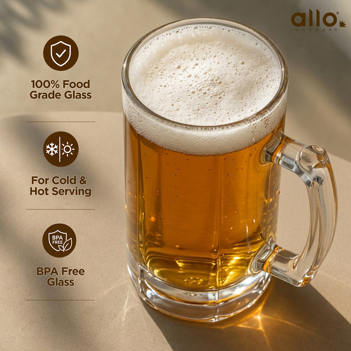 Allo Beer Mug And Drinking Glass Mugs, Set Of 2, 390 ml Each, Serves Beer, Juice, Mocktail, Alcohol, Cocktail, Drinking Glass With Handle, Fluted Glass | Gift Set Packaging | Transparent Crystal Cut