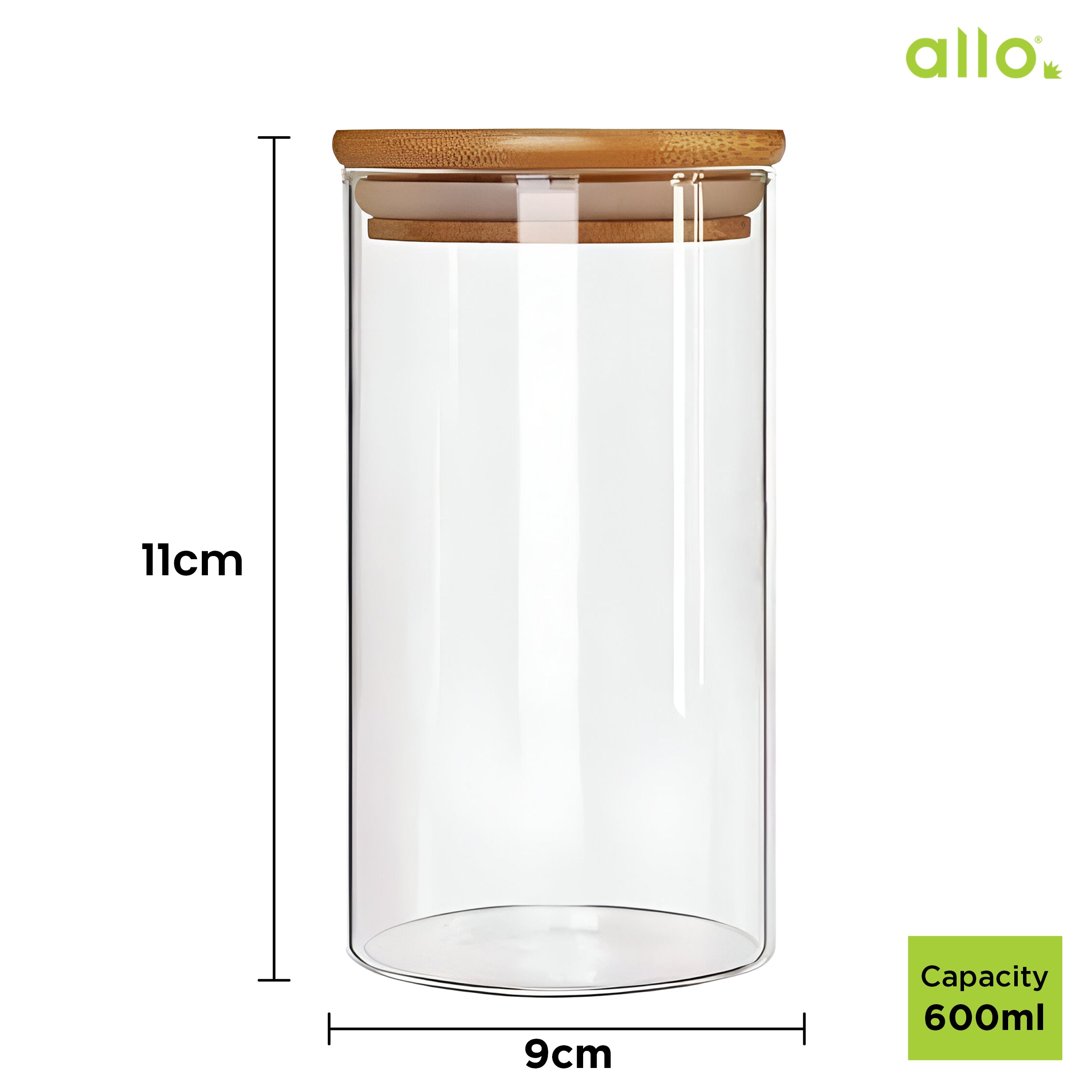 Allo 600ML Kitchen Storage Box Glass Jars With Wooden Lids - Borosilicate Glass Food Storage Containers Airtight Glass Jar for Tea, Coffee, Spice, Pulses, Masala (Round Glass Jar - Set of 6)