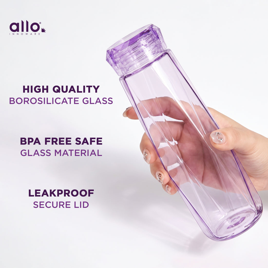 Allo Glass Water Bottle For Women & Men, 450 ml, Aesthetic H2O Bottles For Drinking Detox Water, Juice, Milk, Soda | 0.4 Ltr Bottle For Fridge, Storage, Home | Gift Set Packaging | Geometric Purple