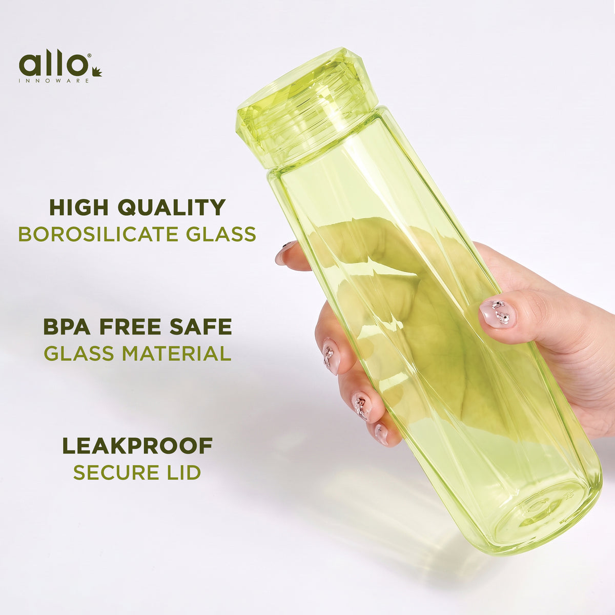 Allo Glass Water Bottle For Women & Men, 450 ml, Aesthetic H2O Bottles For Drinking Detox Water, Juice, Milk, Soda | 0.4 Ltr Bottle For Fridge, Storage, Home | Gift Set Packaging | Geometric Yellow