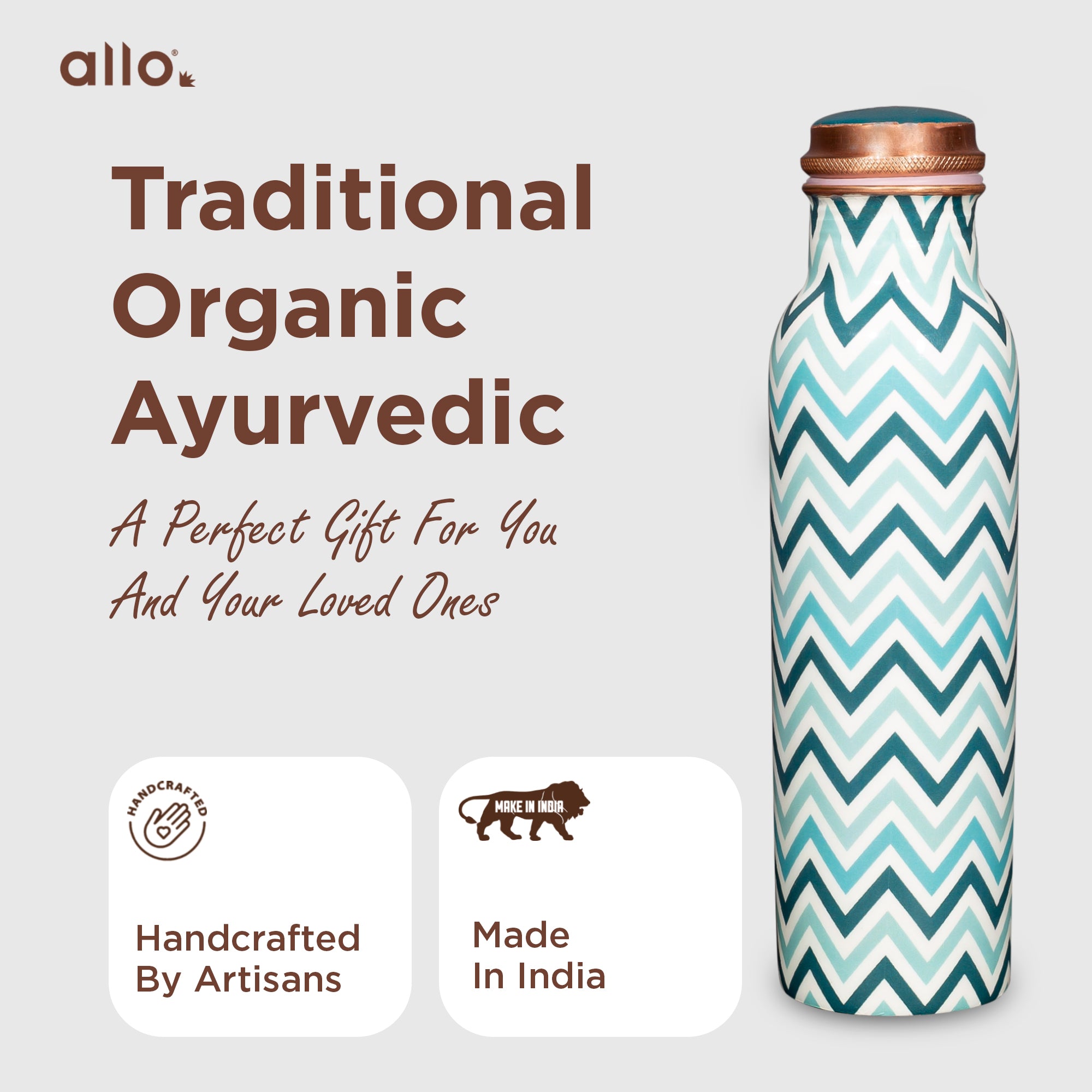 Allo Pure Copper Water Bottle 1 Litre Copper Bottle | Alkaline and Anti Oxidant | 100% Leak Proof, Office, Gym Bottle, Modern Tamba Bottle for Adults, Best Gift for Diwali (Chevron, Teal Blue)