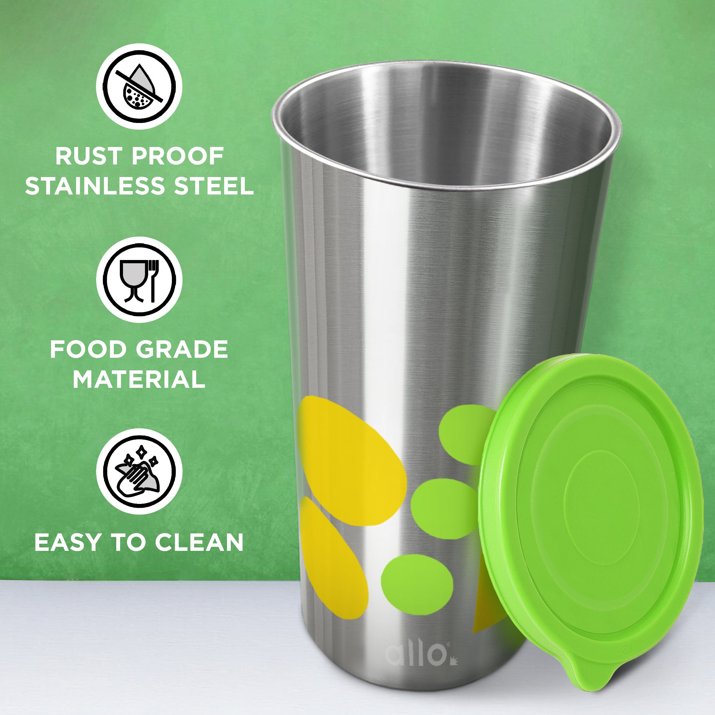 Allo Stainless Steel Tumbler with Lid, Leak Proof Water Tumbler for Home, Office, School, Travel, Kids Rust Proof, Multipurpose Storage Glass for Juice, Tea, Coffee, Milk, GREEN (550Ml)