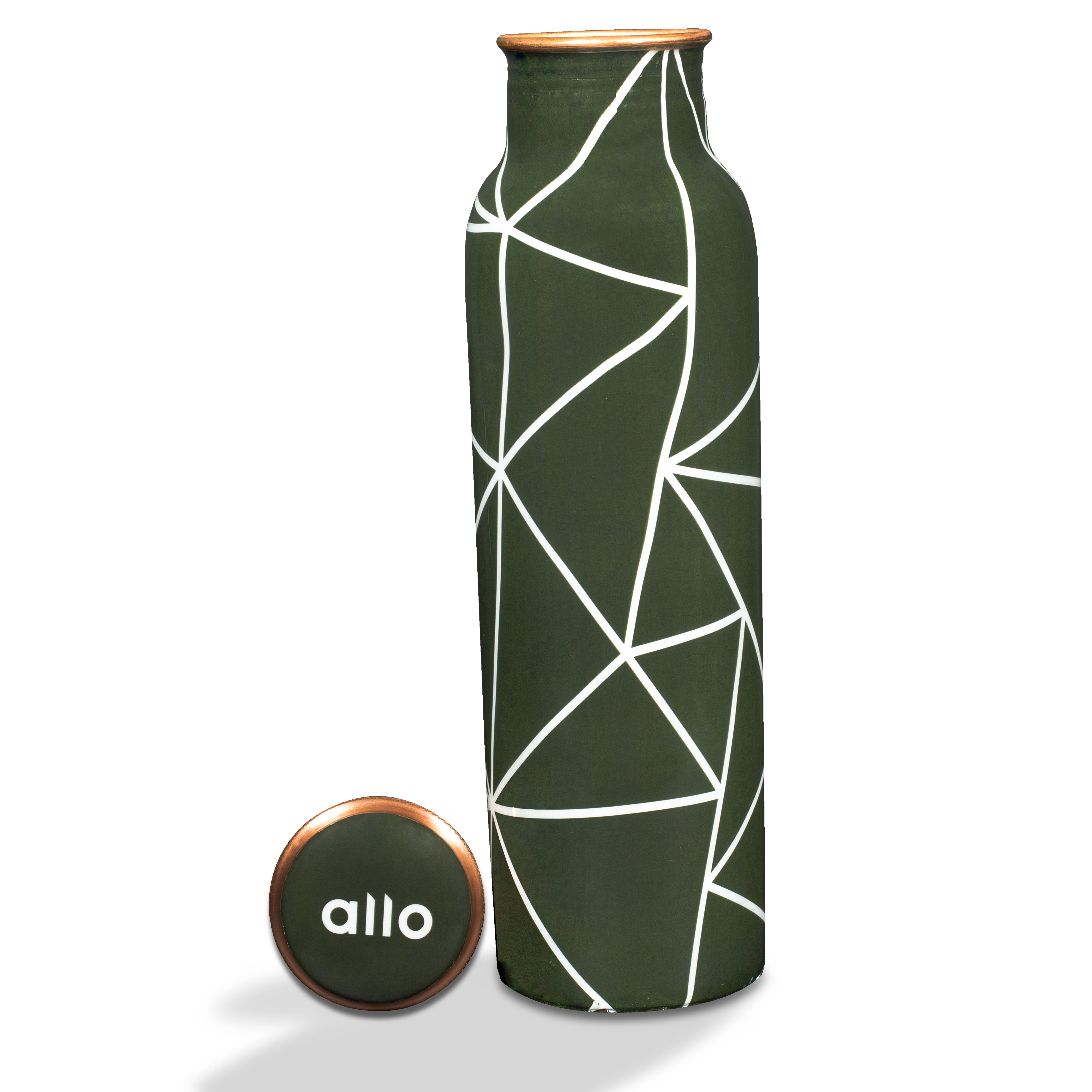 Allo Pure Copper Water Bottle 1 Litre Copper Bottle | Alkaline and Anti Oxidant | 100% Leak Proof, Office, Gym Bottle, Modern Tamba Bottle for Adults, Best Gift for Diwali (Olive Green Abstract Line)
