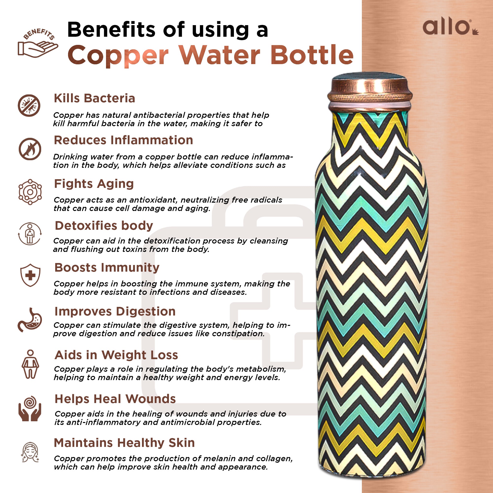 Allo Pure Copper Water Bottle 1 Litre Copper Bottle | Alkaline and Anti Oxidant | 100% Leak Proof, Office, Gym Bottle, Modern Tamba Bottle for Adults, Best Gift for Diwali (Chevron Green & Yellow)