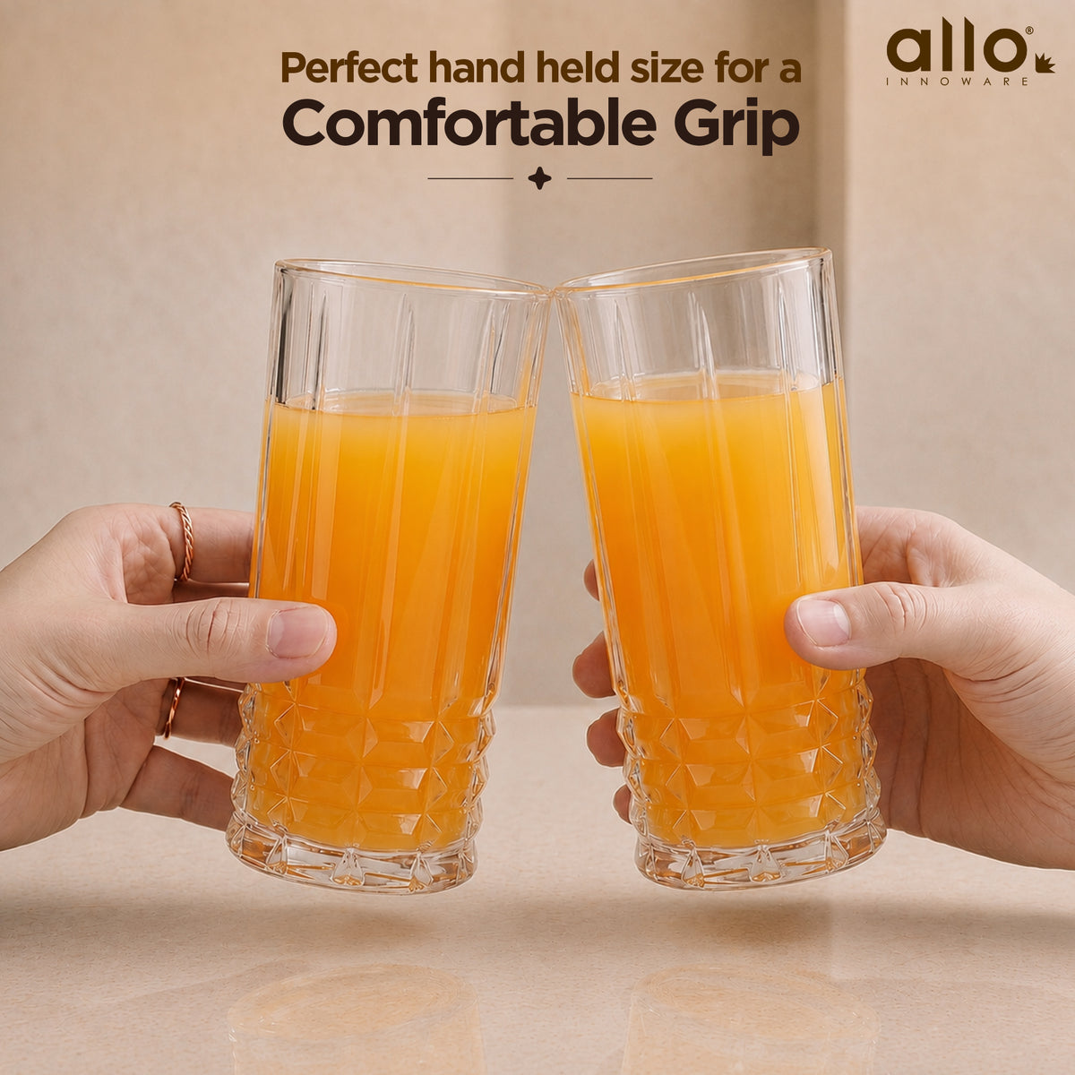 Allo Premium Glass Set Of 6, 370 ml, Latest Design Glasses For Water, Juice, Whisky, Cold Drink | Lead Free | Perfect For Home & Parties, Gift Set Packaging | Transparent Crown Base Glass