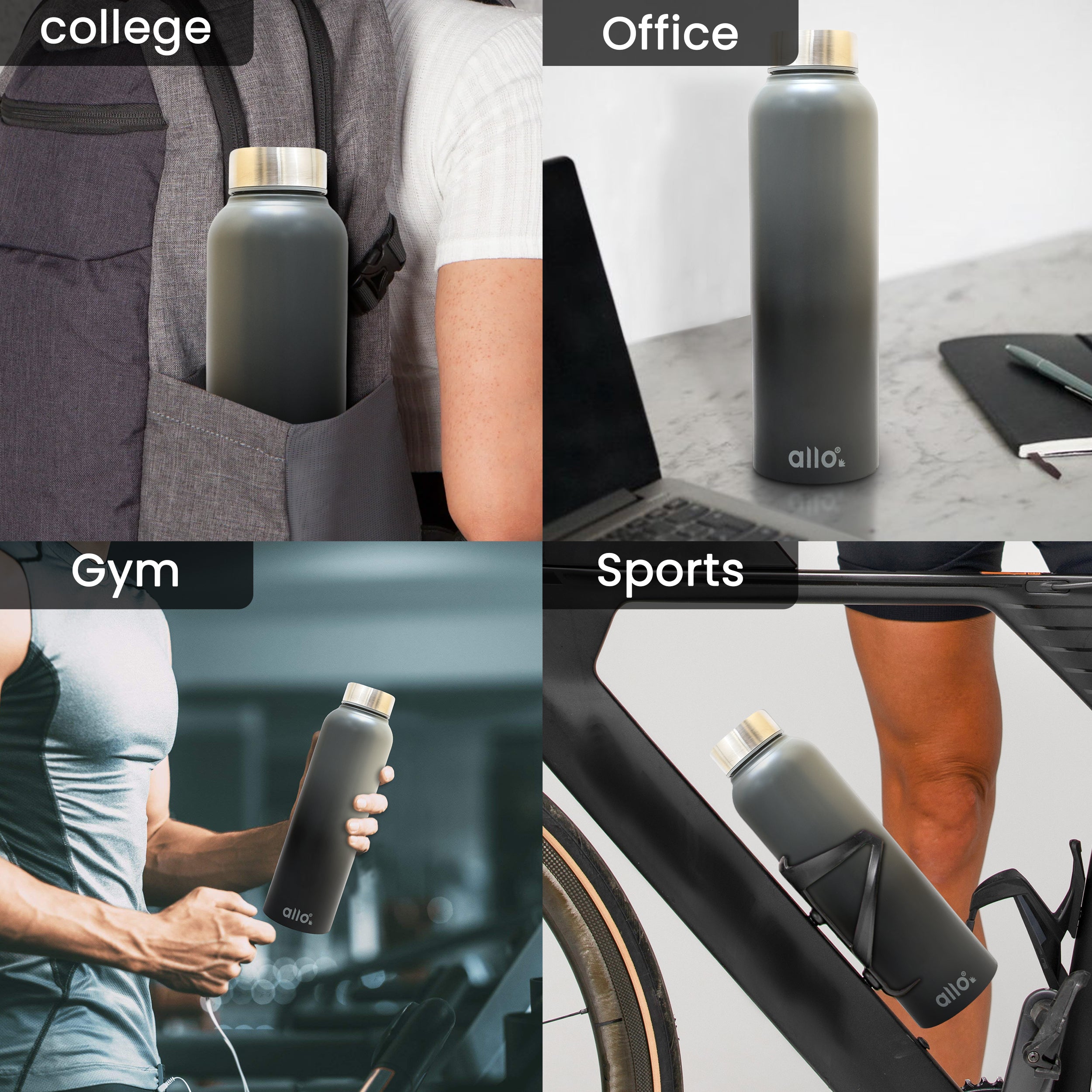 Allo Steel Water Bottles Stainless Steel Sipper Water Bottle for adults, kids 0.95 Litre Water Bottles for School, Office, Sports, Gym 950ML Water Bottle for Men and women, Dark Grey & Black 950ml