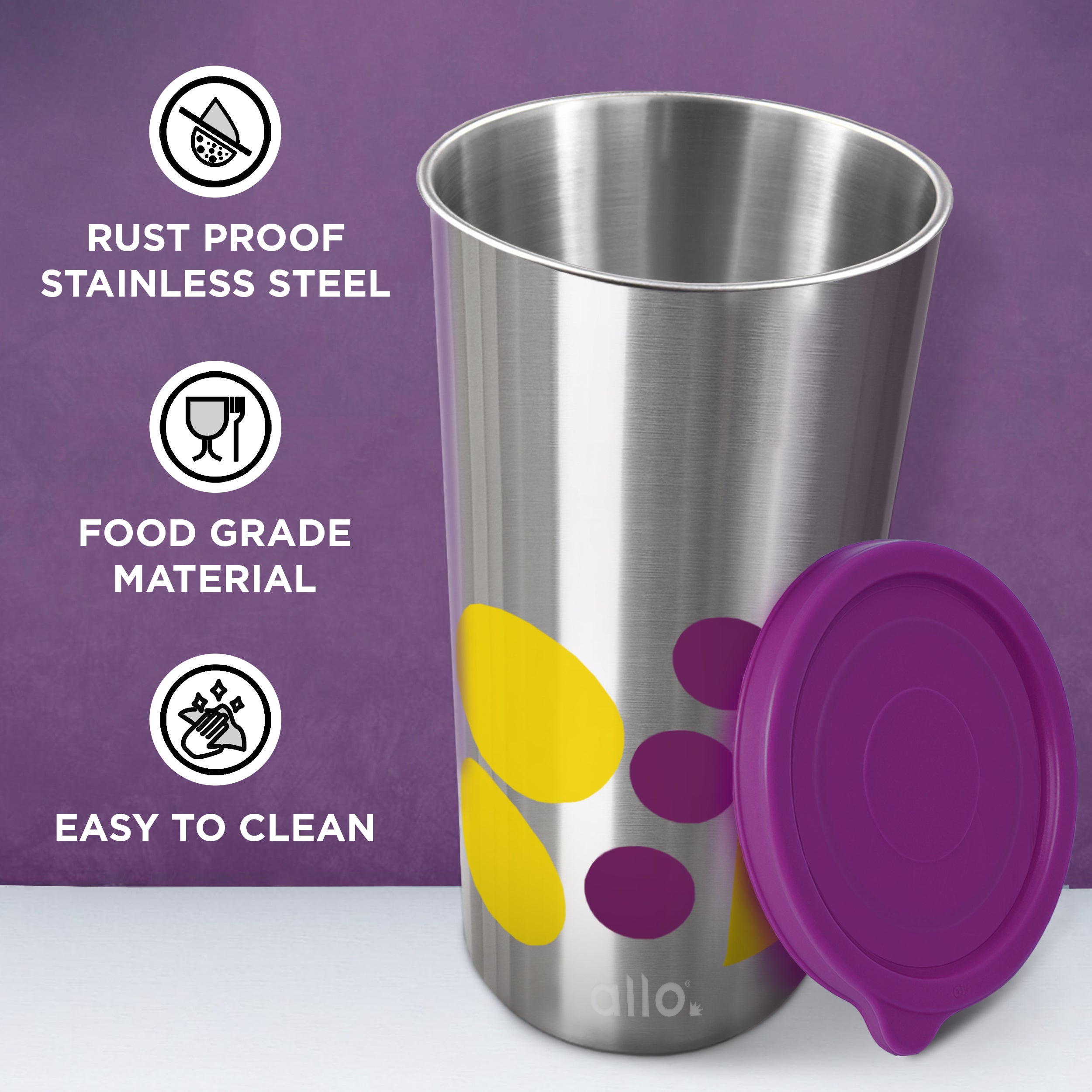 Allo Stainless Steel Tumbler with Lid, Leak Proof Water Tumbler for Home, Office, School, Travel, Kids Rust Proof, Multipurpose Storage Glass for Juice, Tea, Coffee, Milk, PURPLE (450Ml)