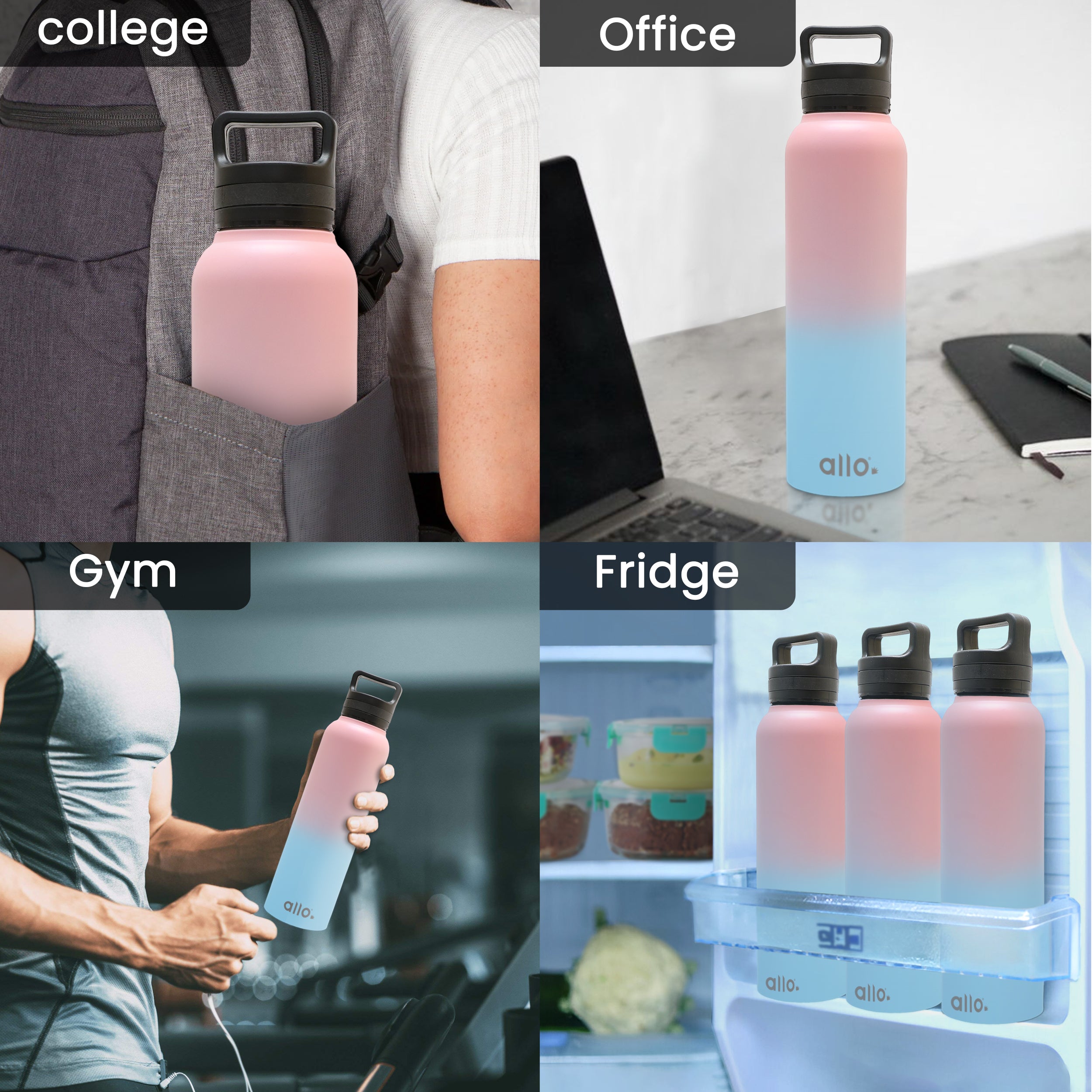 Allo Stainless Steel Water Bottle For Adults, Kids 0.95 Litre Water Bottles For School, Office, Sports, Gym 950ML Water Bottle For Men And Women, Pack Of 2 | Leak Proof, Bpa Free, Pink & Baby Blue Steel Cap
