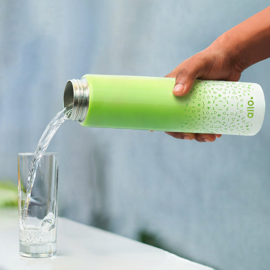 Allo Stainless Steel Sipper Water Bottle for adults,kids 1 Litre Water Bottles for School, Office,Sports, Gym 1L Water Bottle for Men & women, Pack Of 2, Green White & Yellow White 850ml