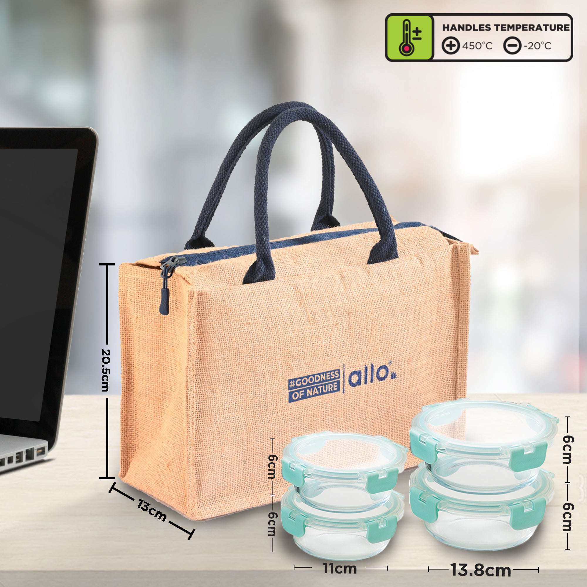 Allo Food Safe Glass Lunch Box with Break Free Detachable Lock, 450°C Microwave Safe Lunch Box, Borosilicate Glass Tiffin for office with Jute Tiffin Bag, Set of 4, 215ml x 2 & 390ml x 2, Round