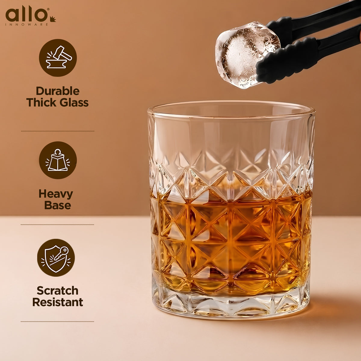 Allo Glass Set Of 6 Premium Whisky Glasses, 210 ml, For Drinking Water, Wine, Cocktail, Mocktail, Martini, Liquor, Alcohol, Scotch, Bourbon | Gift Set Packaging | Transparent Diamond Cut Whiskey Glass