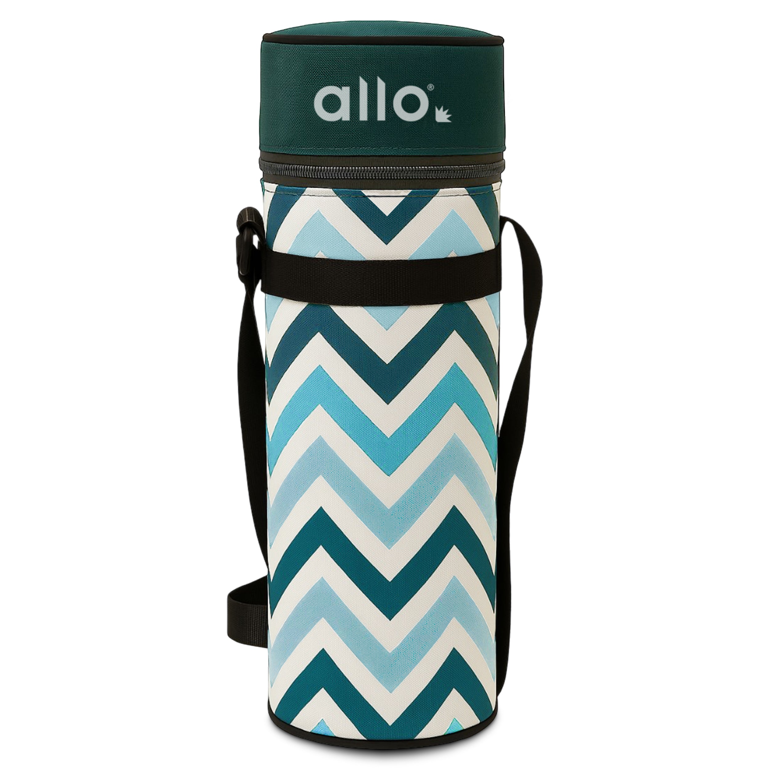 Allo Polyester Thermal Insulated 1L Bottle Cover – Water-Proof Modern Carrier Sleeve with Adjustable Shoulder Handle & Zipper Closure for Travel, Hiking, Office & School, Teal Chevron