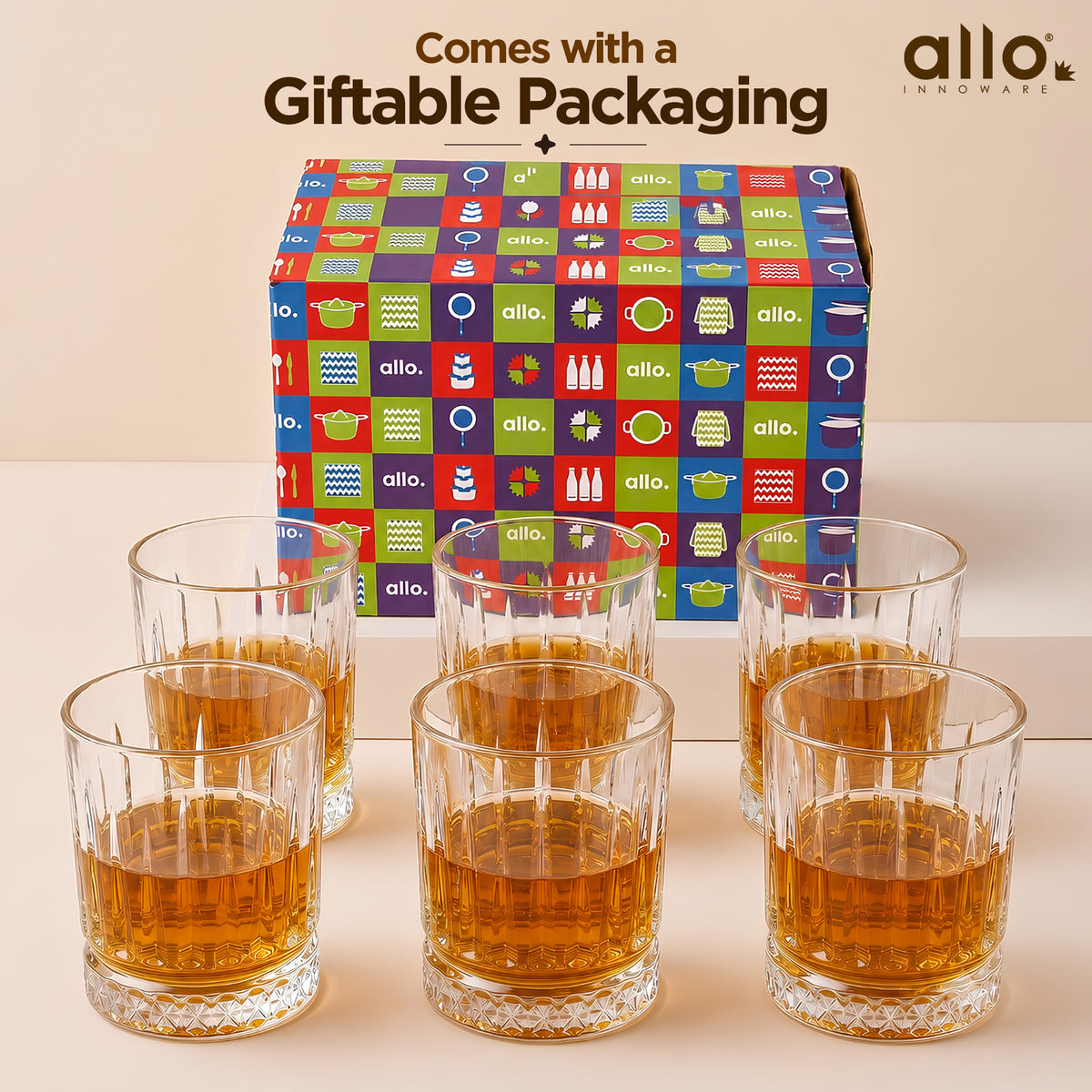 Allo Glass Set Of 6 Premium Whisky Glasses, 300 ml, For Drinking Water, Wine, Cocktail, Mocktail, Martini, Liquor, Alcohol, Scotch, Bourbon | Gift Set Packaging | Transparent Diamond Lattice Cut Glass