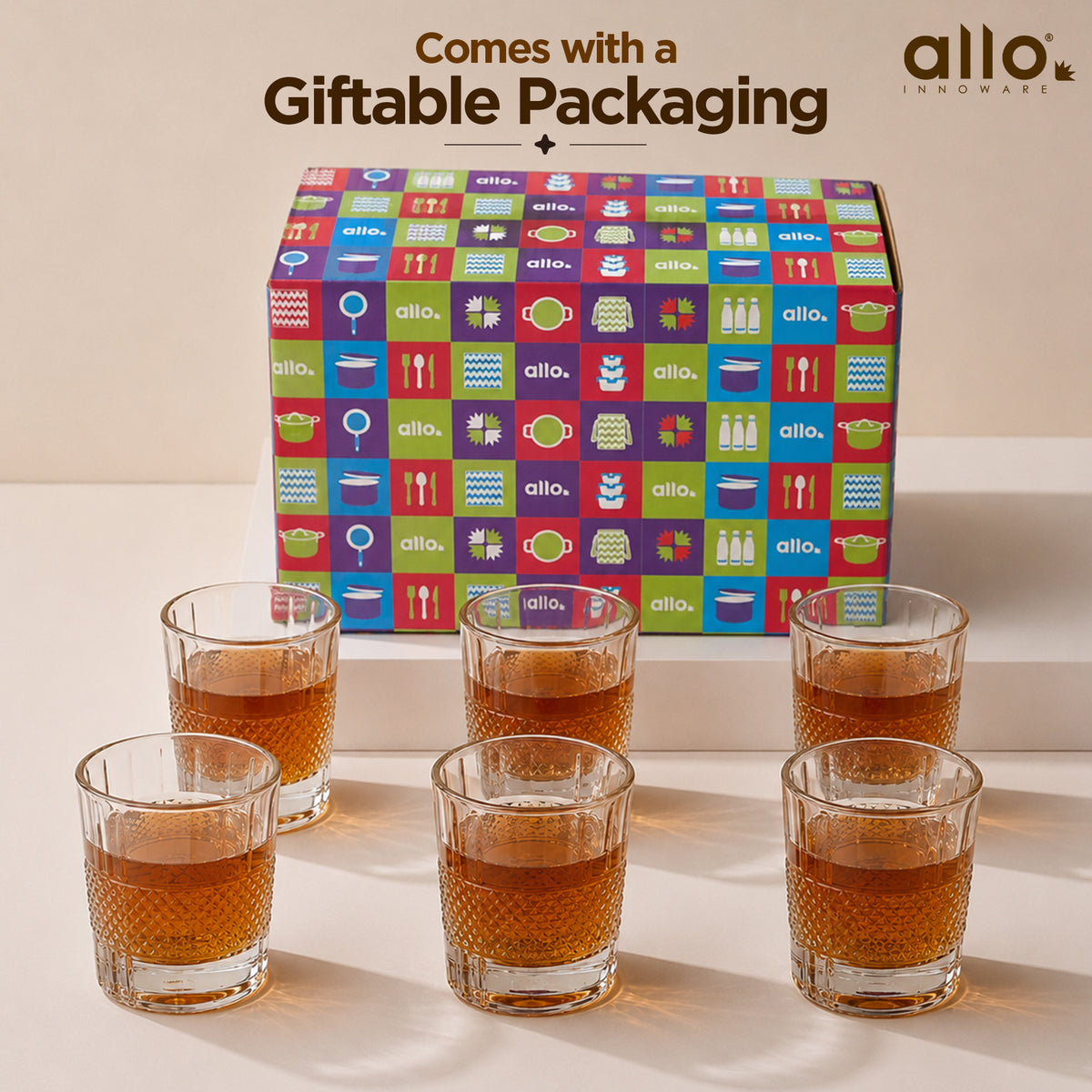 Allo Shot Glasses Set Of 6, 60 ml, Small Glass For Vodka, Tequila, Liquor, Wine, Party, Bar | Gift Set Packaging | Transparent | Diamond Mesh Shot Glass