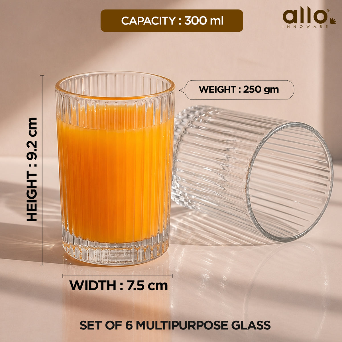 Allo Premium Glass Set Of 6, 300 ml, Latest Design Glasses For Water, Juice, Whisky, Cold Drink | Lead Free | Perfect For Home & Parties, Gift Set Packaging | Transparent Classic Fluted Glass