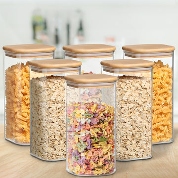 Allo 600ML Kitchen Storage Box Glass Jars With Wooden Lids - Borosilicate Glass Food Storage Containers Airtight Glass Jar For Tea, Coffee, Spice, Pulses, Masala (Square Glass Jar - Set of 6)