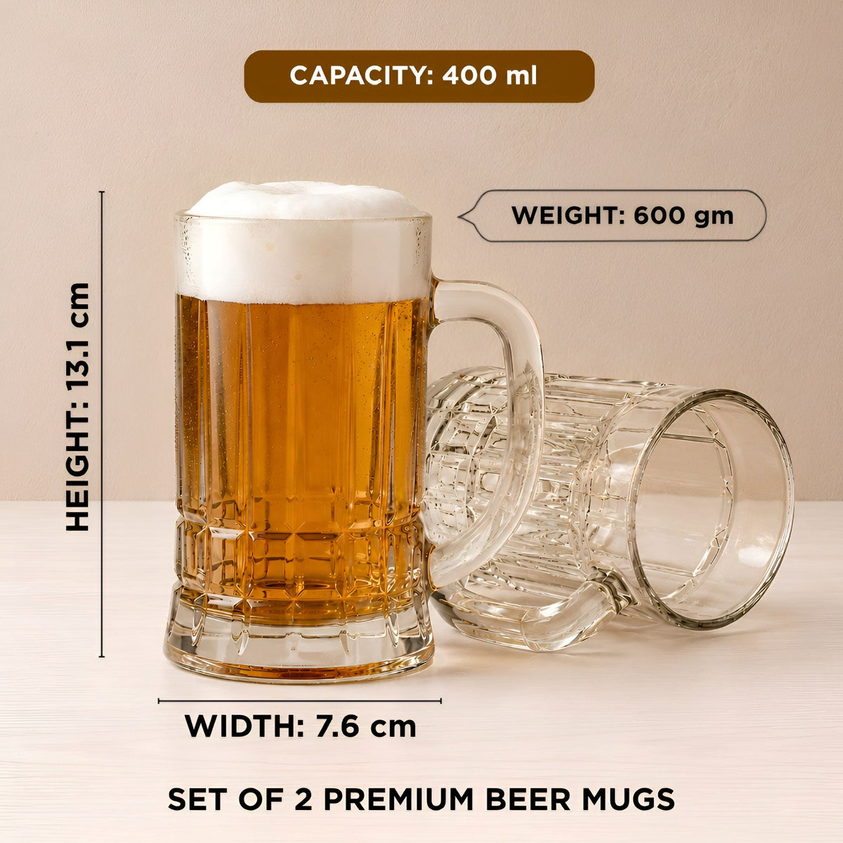 Allo Beer Mug And Drinking Glass Mugs, Set Of 2, 400 ml Each, Serves Beer, Juice, Mocktail, Alcohol, Cocktail, Drinking Glass With Handle, Fluted Glass | Gift Set Packaging | Transparent Checkered Base