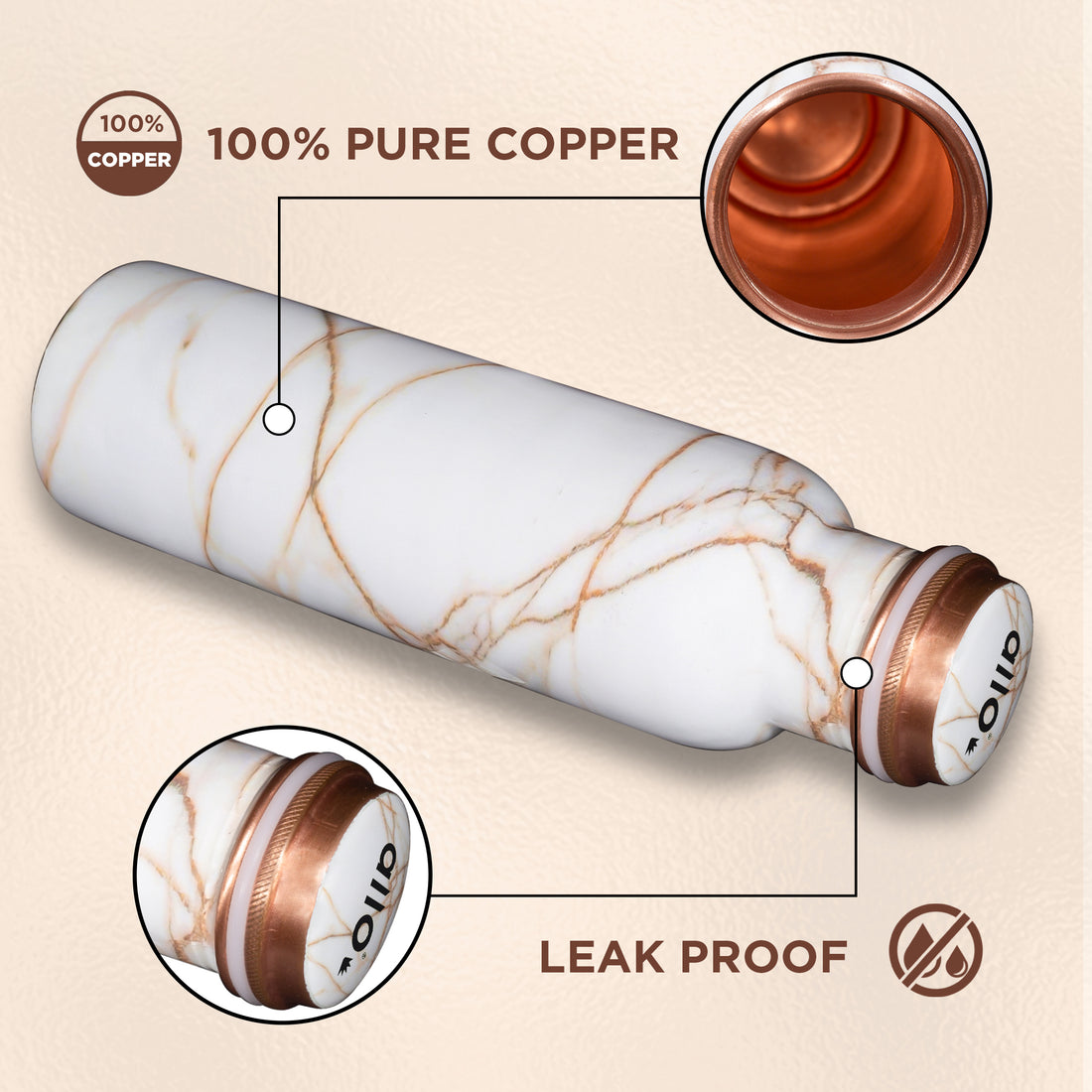 Allo Pure Copper Water Bottle 1 Litre Copper Bottle | Alkaline and Anti Oxidant | 100% Leak Proof, Office, Gym Bottle, Modern Tamba Bottle for Adults, Best Gift for Diwali (White Golden Marble)