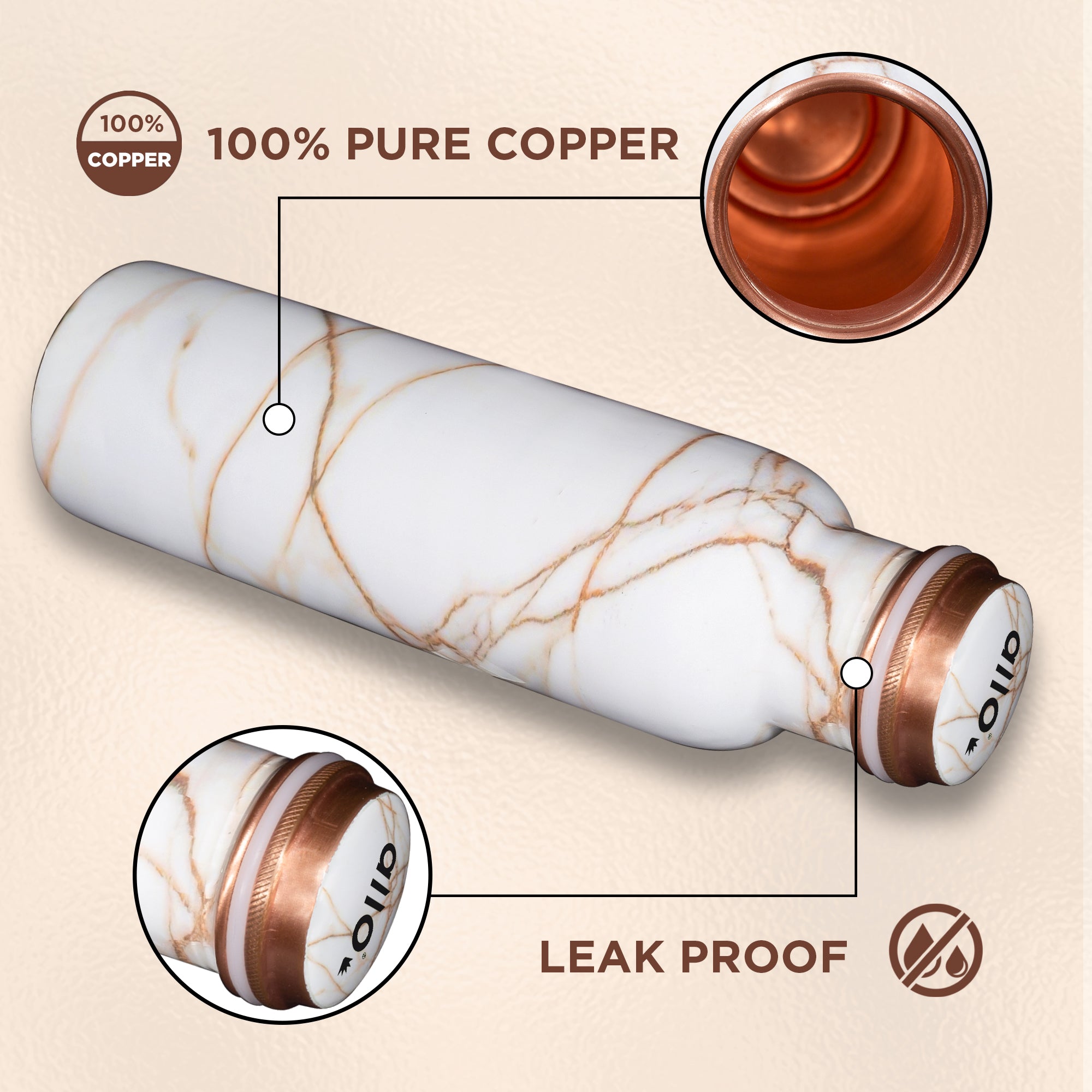 Allo Pure Copper Water Bottle 1 Litre Copper Bottle | Alkaline and Anti Oxidant | 100% Leak Proof, Office, Gym Bottle, Modern Tamba Bottle for Adults, Best Gift for Diwali (White Golden Marble)