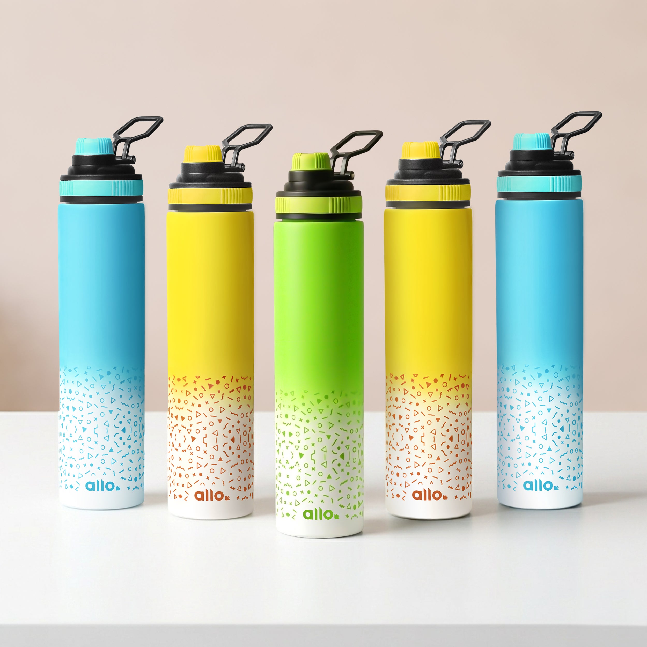 Allo Stainless Steel Sipper Water Bottle for adults,kids 1 Litre Water Bottles for School,Office,Sports,Gym 1L Water Bottle for Men & women,Pack Of 5-Green Whitex1, Blue Whitex2 & Yellow Whitex2 850ml