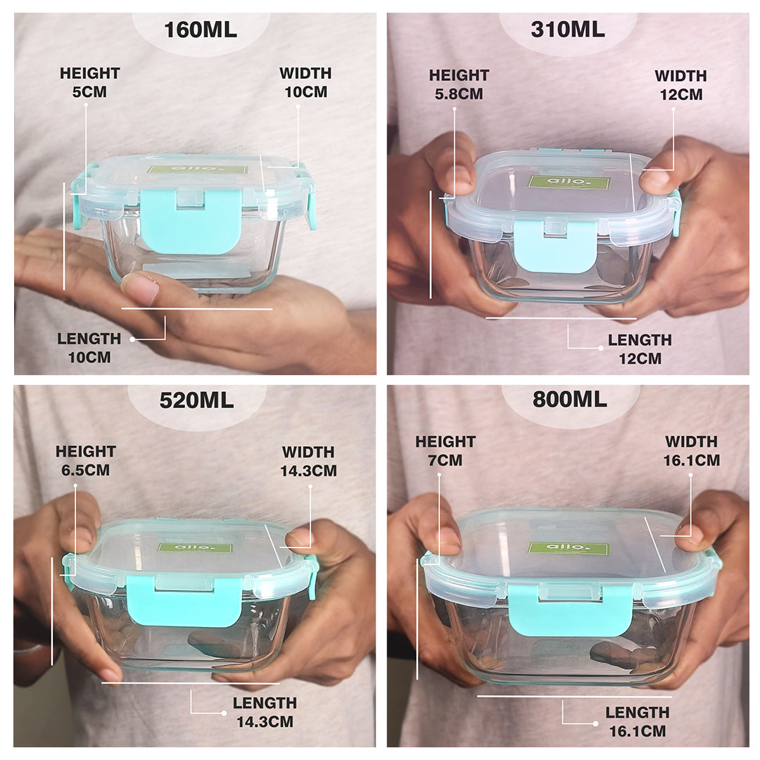 Allo Food Safe Glass Containers with Lids, Microwave Safe, Borosilicate Meal Prep Glass Food Storage Container for Kitchen,Set of 4 160ml,310ml,520ml,800ml.
