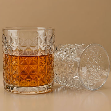 Allo Glass Set Of 6 Premium Whisky Glasses, 330 ml, For Drinking Water, Wine, Cocktail, Mocktail, Martini, Liquor, Alcohol, Scotch, Bourbon | Gift Set Packaging | Transparent Criss Cross Diamond Glass