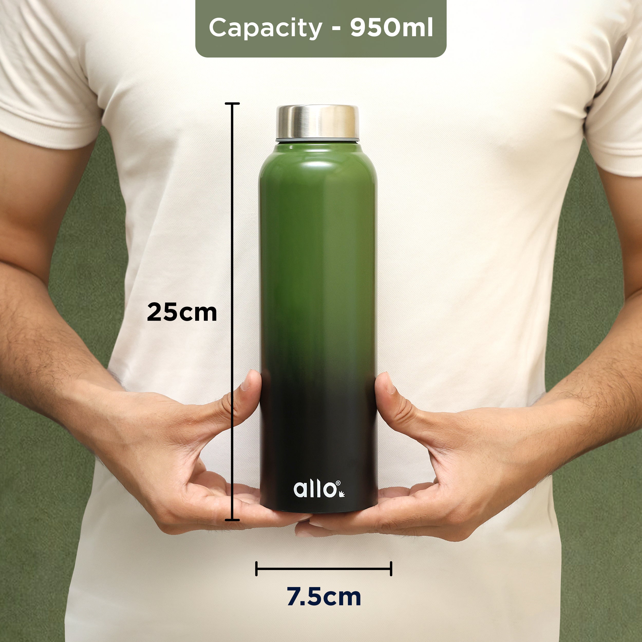 Allo Steel Water Bottles Stainless Steel Sipper Water Bottle for adults, kids 0.95 Litre Water Bottles for School, Office, Sports, Gym 950ML Water Bottle for Men and women, Olive gren & Black 950ml