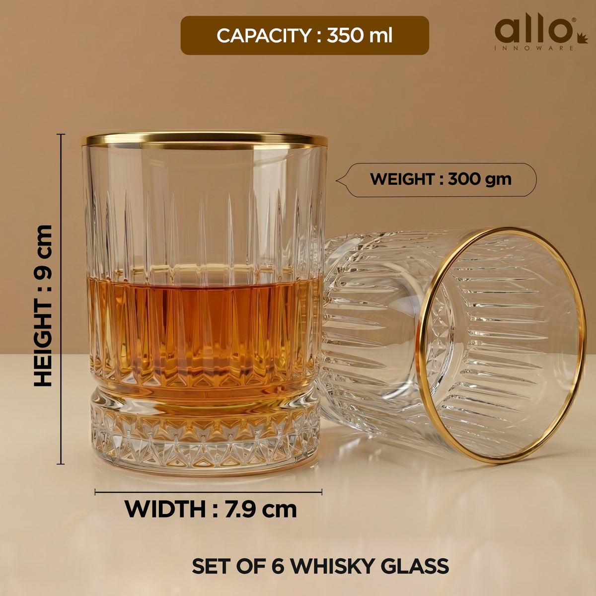Allo Glass Set Of 6 Premium Whisky Glasses, 350 ml, For Drinking Water, Wine, Cocktail, Mocktail, Martini, Liquor, Alcohol, Scotch, Bourbon | Gift Set Packaging | Transparent | Golden Rim Fluted Glass
