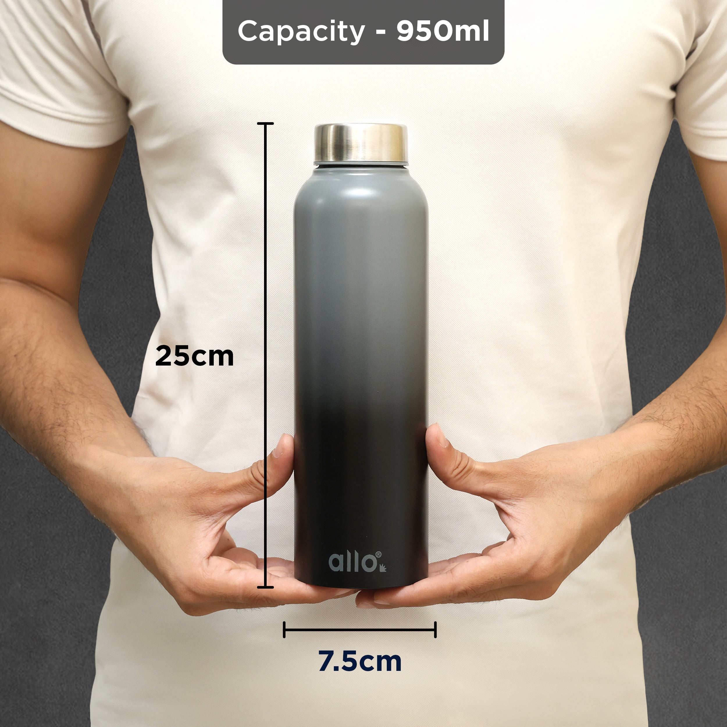 Allo Steel Water Bottles Stainless Steel Sipper Water Bottle for adults, kids 0.95 Litre Water Bottles for School, Office, Sports, Gym 950ML Water Bottle for Men and women, Dark Grey & Black 950ml