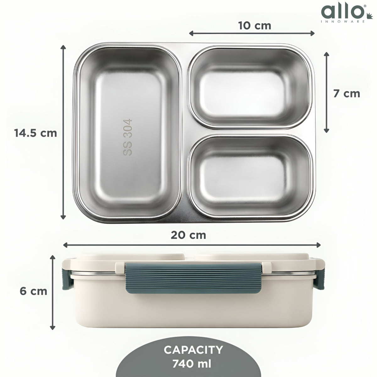 Allo Bento Stainless Steel Lunch Box for Kids- BIS Approved, 304 Stainless Steel 3 Compartment Leakproof Tiffin Box for Boys and Girls for School, Travelling, Baby Snacks, 740ml Green Cool Eyes