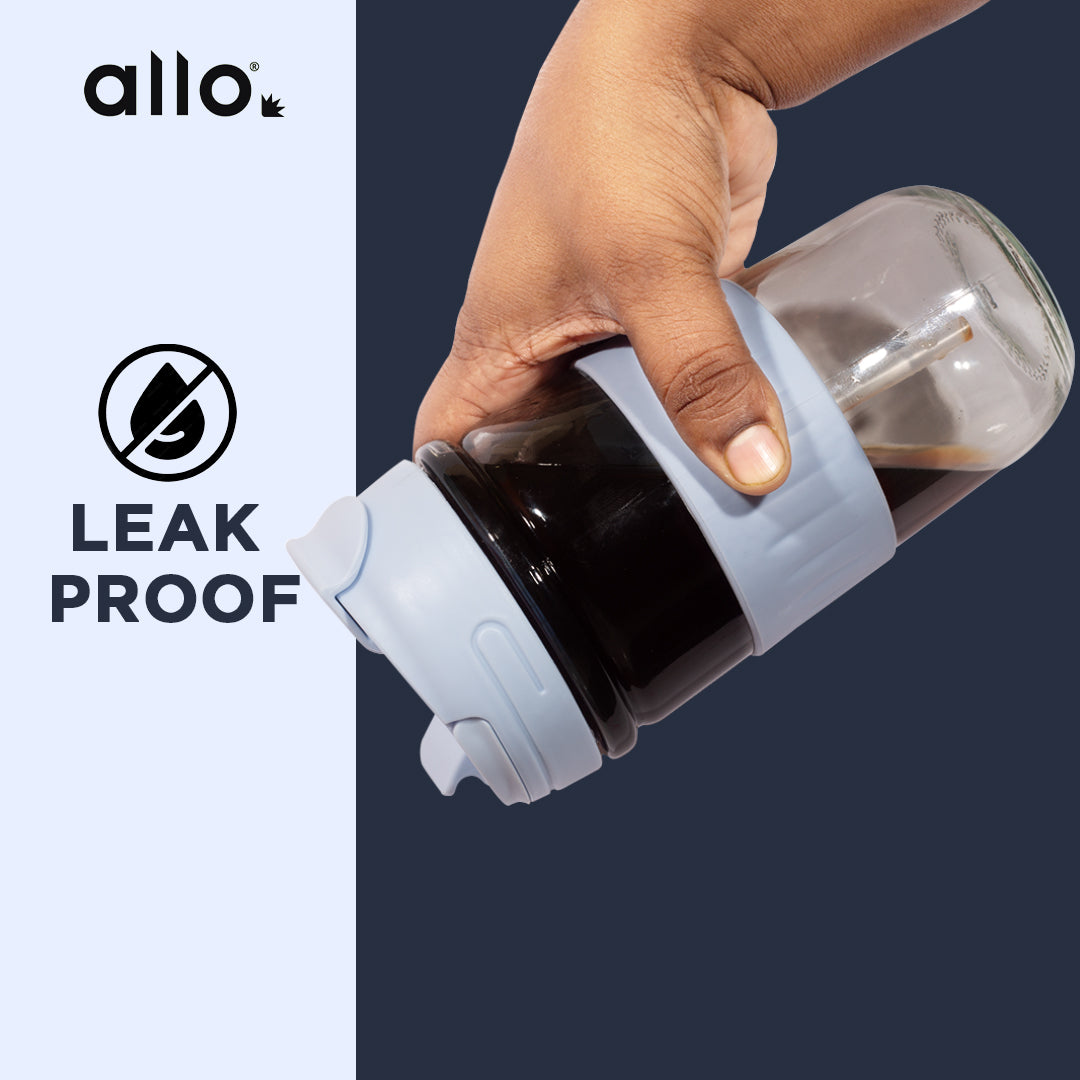 Allo Reusable Glass Mug Sipper Tumbler with Straw, Unique 2 in 1 Anti Spill Lid | Microwave Safe Leakproof Glass with Anti-Slip Grip for Hot & Cold Coffee|| Car, Office, Travel use | 500ml (Blue)