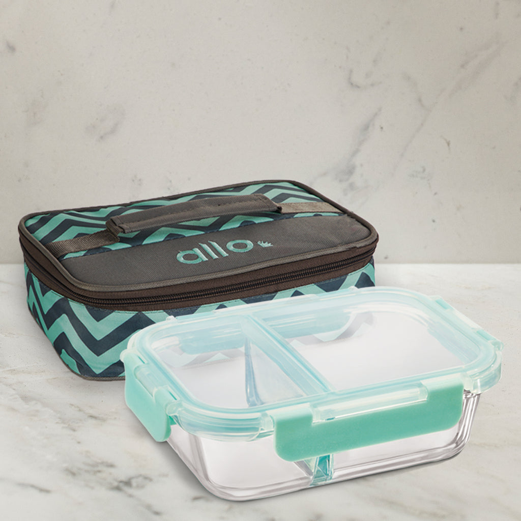 580ml Allo FoodSafe Microwave Oven Safe Glass Lunch box with Break Free Detachable Lock with Chevron Mint Bag Tiffin