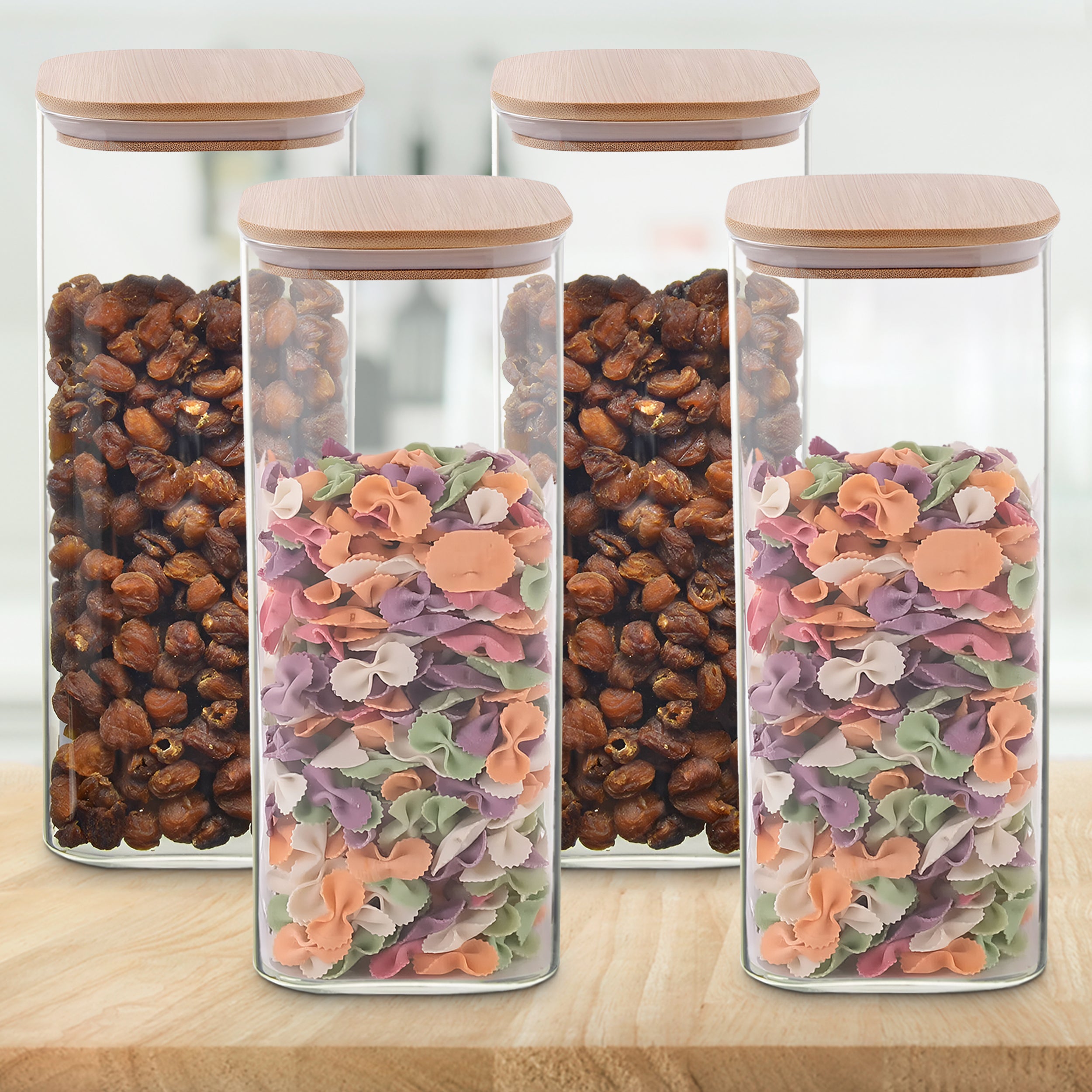Allo 1000ML Kitchen Storage Box Glass Jars With Wooden Lids - Borosilicate Glass Food Storage Containers Airtight Glass Jar For Tea, Coffee, Spice, Pulses, Masala (Square Glass Jar - Set of 4)