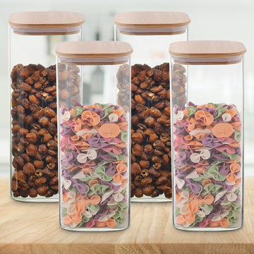 Allo 1000ML Kitchen Storage Box Glass Jars With Wooden Lids - Borosilicate Glass Food Storage Containers Airtight Glass Jar For Tea, Coffee, Spice, Pulses, Masala (Square Glass Jar - Set of 4)