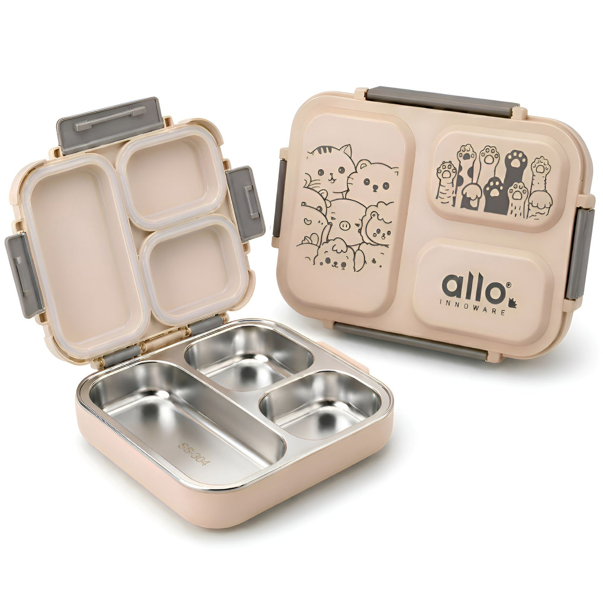 Allo Bento Stainless Steel Lunch Box for Kids- BIS Approved, 304 Stainless Steel 3 Compartment Leakproof Tiffin Box for Boys and Girls for School, Travelling, Baby Snacks, 740ml Beige Cats