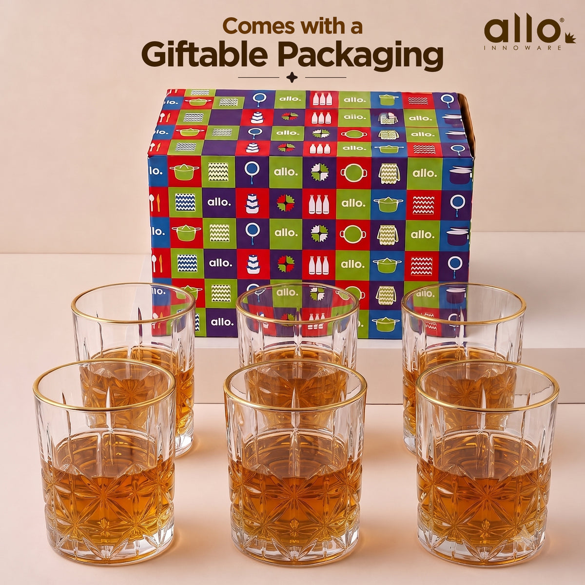 Allo Glass Set Of 6 Premium Whisky Glasses, 205 ml, For Drinking Water, Wine, Cocktail, Mocktail, Martini, Liquor, Alcohol, Scotch, Bourbon | Gift Set Packaging | Golden Rim Floral Cut Whiskey Glass