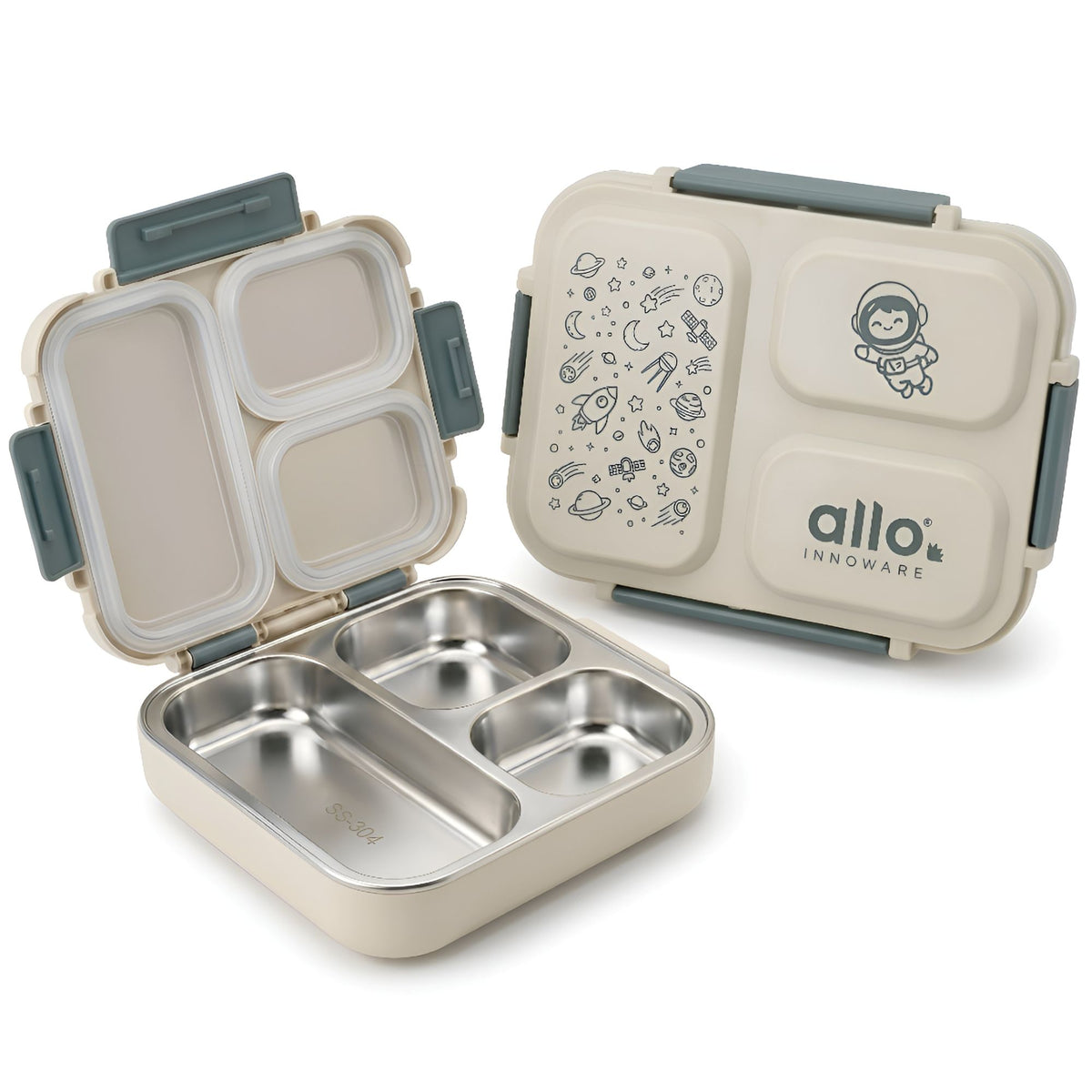 Allo Bento Stainless Steel Lunch Box for Kids- BIS Approved, 304 Stainless Steel 3 Compartment Leakproof Tiffin Box for Boys and Girls for School, Travelling, Baby Snacks, 740ml Green Space