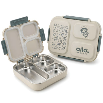 Allo Bento Stainless Steel Lunch Box for Kids- BIS Approved, 304 Stainless Steel 3 Compartment Leakproof Tiffin Box for Boys and Girls for School, Travelling, Baby Snacks, 740ml Green Space