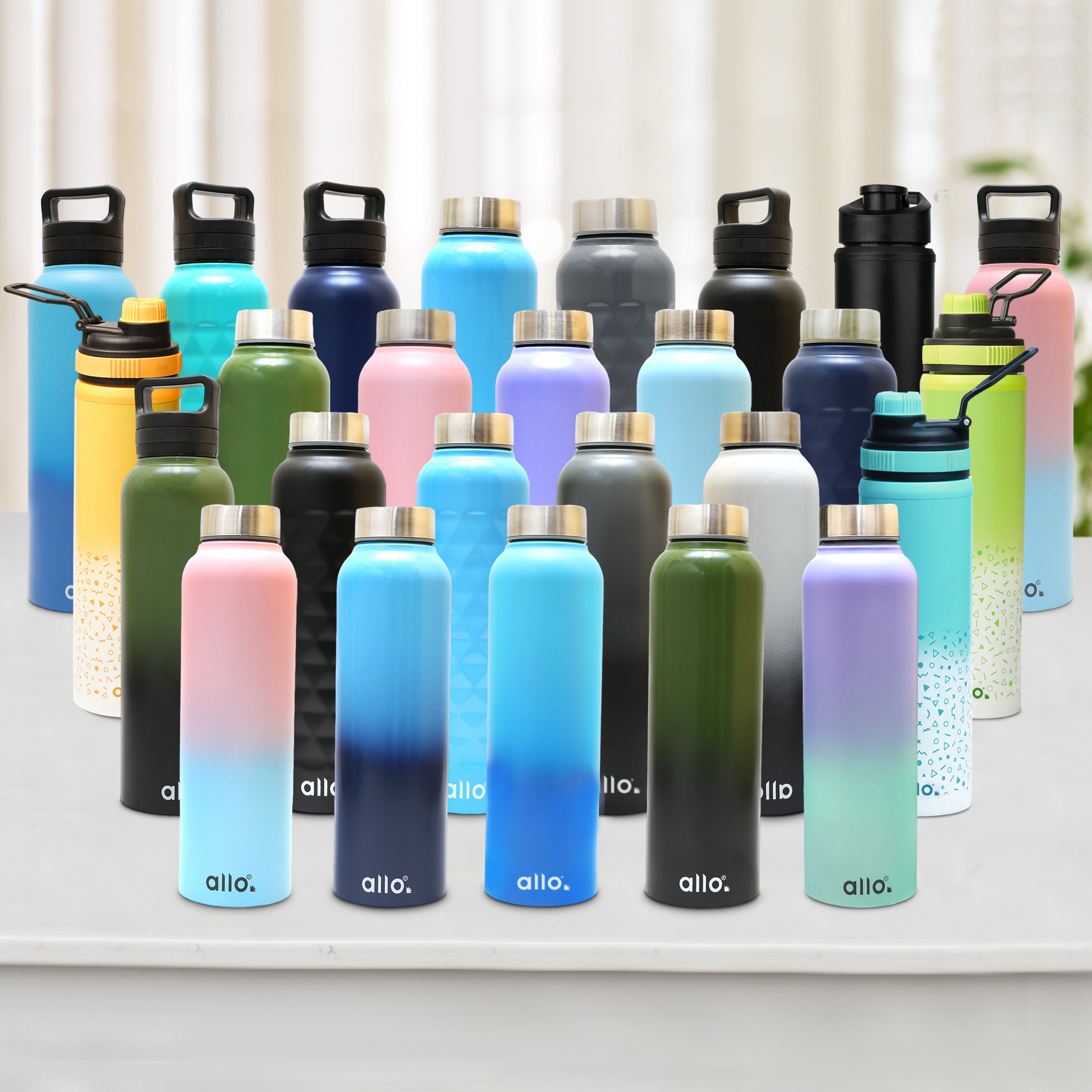 Allo Stainless Steel Water Bottle For Adults, Kids 0.95 Litre Water Bottles For School, Office, Sports, Gym 950ML Water Bottle For Men And Women, Pack Of 2 | Leak Proof, Bpa Free, Pink & Baby Blue Steel Cap