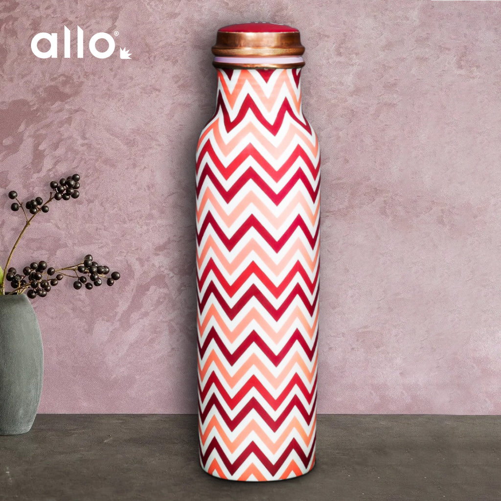 Allo Pure Copper Water Bottle 1 Litre Copper Bottle | Alkaline and Anti Oxidant | 100% Leak Proof, Office, Gym Bottle, Modern Tamba Bottle for Adults, Best Gift for Diwali (Chevron Red & Pink)