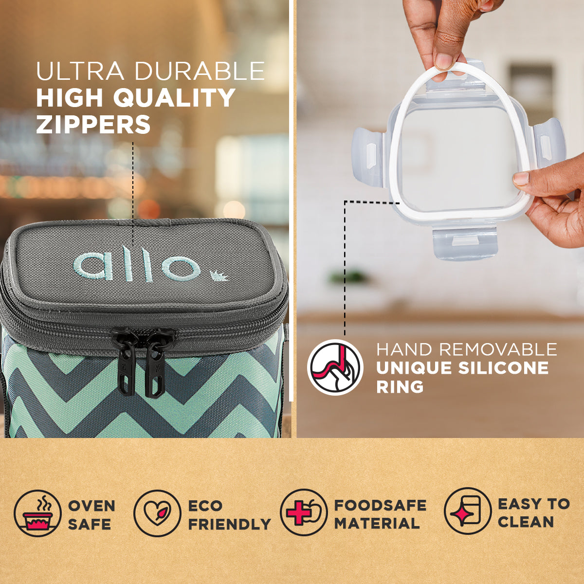 Allo Food Safe Glass Lunch Box, 450°C Microwave Safe Lunch Box, Borosilicate Glass Tiffin for office with Chevron Mint Tiffin Bag, Set of 3, 320ml x 3, square