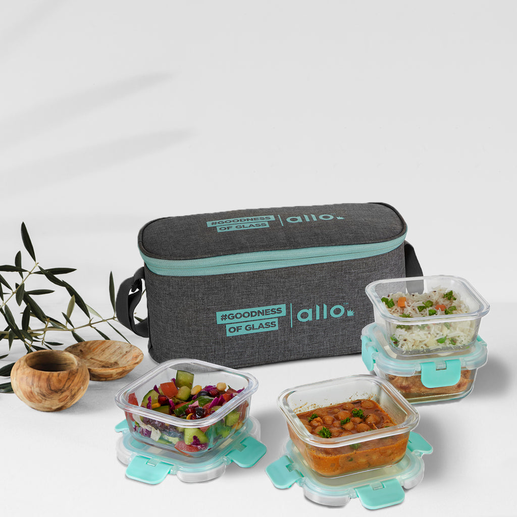 310ml X 4 Allo FoodSafe Microwave Oven Safe Glass Lunch box with Break Free Detachable Lock with Canvas Grey Bag Tiffin