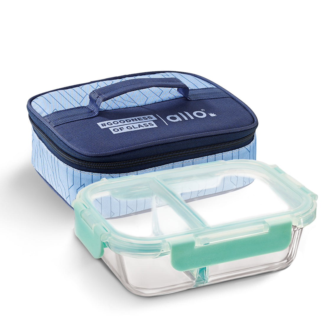 Allo FoodSafe 580ml x 1 Glass Microwave 450°C Oven Safe Lunch Box with Break Free Detachable Lock | High Borosilicate | Office Tiffin with Space Blue Flat Bag | Rectangle Divider