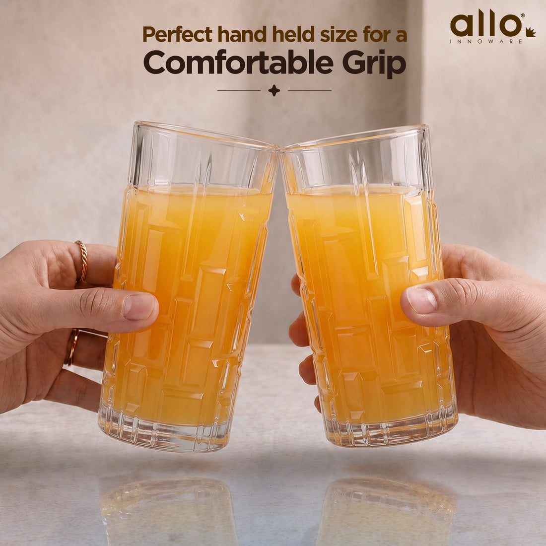 Allo Premium Glass Set Of 6, 280 ml, Latest Design Glasses For Water, Juice, Whisky, Cold Drink | Lead Free | Perfect For Home & Parties, Gift Set Packaging | Transparent Textured Block Glass
